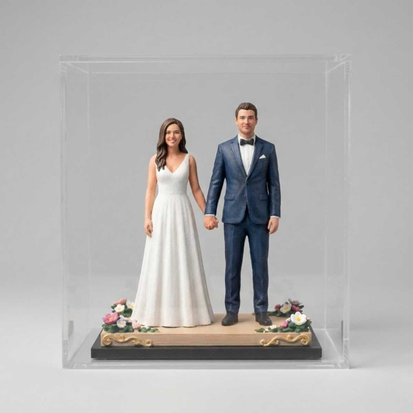 Escultura 3D de Pareja de Boda Personalizada con Escenario en Caja de Acrílico Estilo Realista