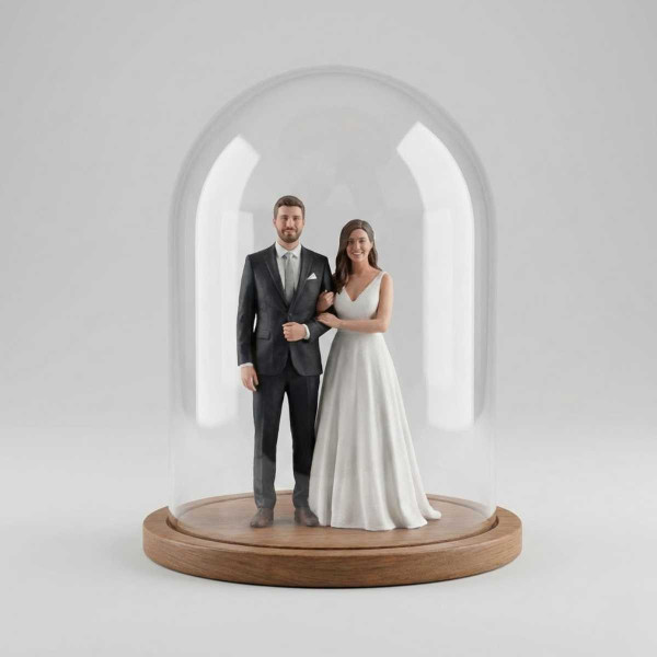 Escultura 3D Personalizada de Pareja de Boda en Cúpula Acrílica Estilo Realista